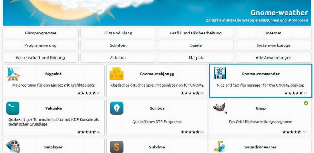Programme für Linux bezieht man in der Regel über den Paketmanager der Distribution. Man kann gezielt suchen oder in den Rubriken stöbern.