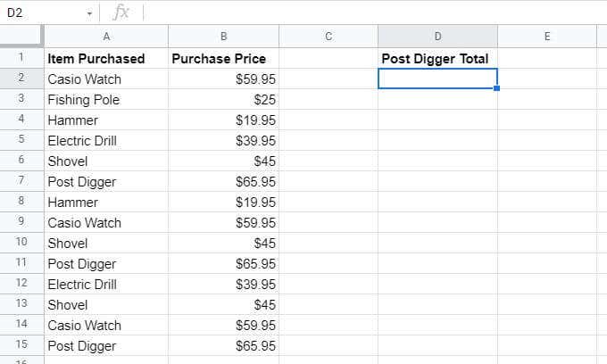1-list-of-purchases - Online Tech Tips How to Use SUMIF in Google Sheets image 2