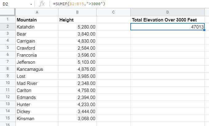 10-summed-altitude - Online Tech Tips How to Use SUMIF in Google Sheets image 11
