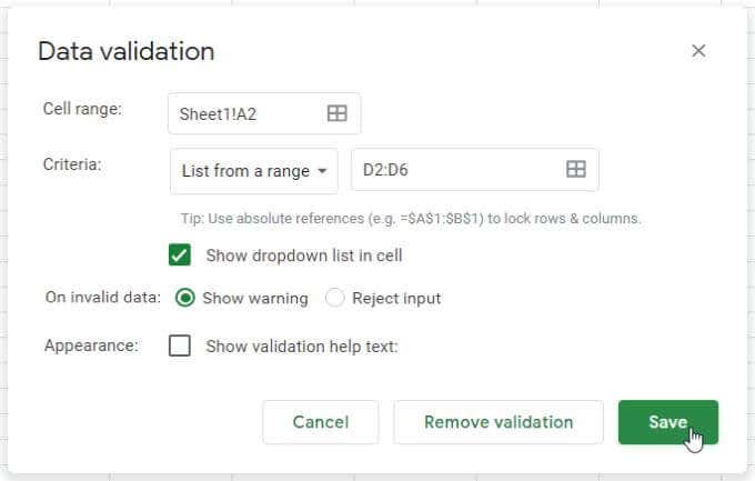 11-range-selected - Online Tech Tips How to Use Google Sheets Drop Down Lists image 12