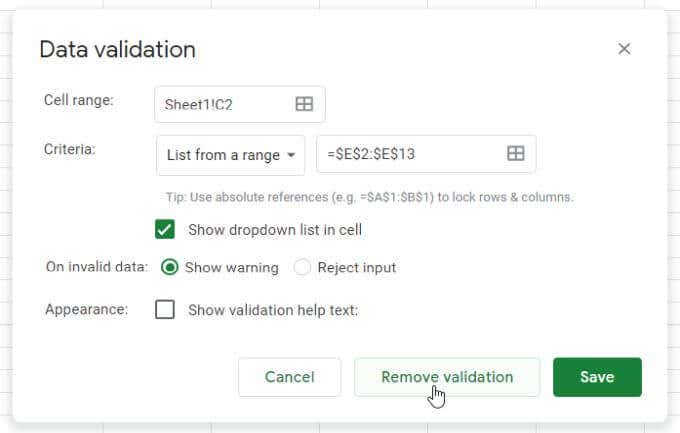 17-remove-validation - Online Tech Tips How to Use Google Sheets Drop Down Lists image 17