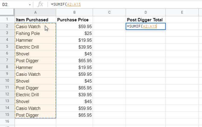 2-list-of-items - Online Tech Tips How to Use SUMIF in Google Sheets image 3