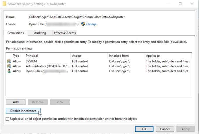 4-disable-inheritance - Online Tech Tips What Is the Software Reporter Tool in Chrome and How to Disable It image 5