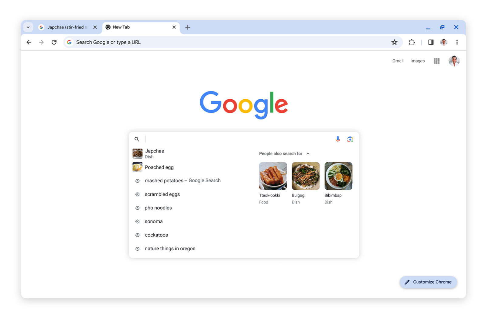 The Chrome new tab page showing search suggestions with a