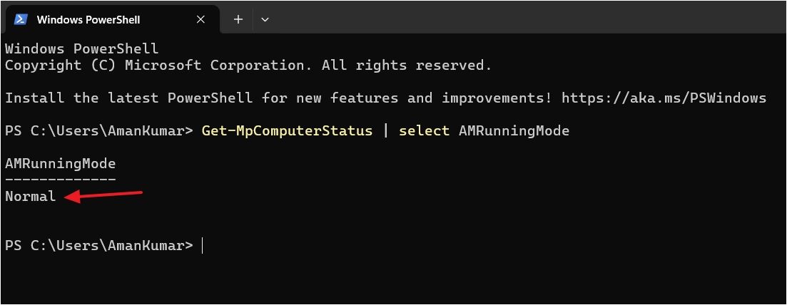 PowerShell window showing Normal in result.